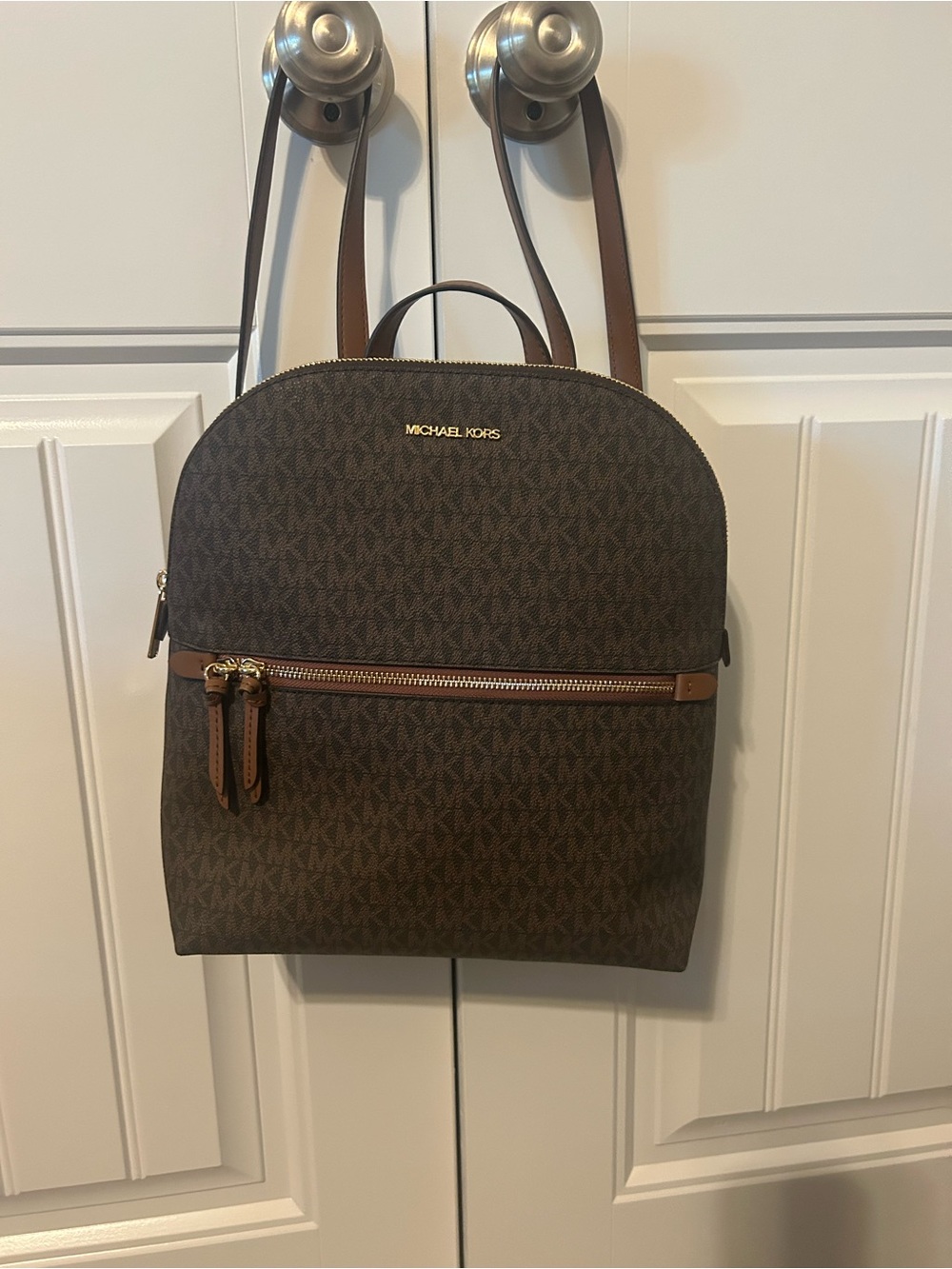 New Michael Kors Brown MK Logo Backpack with Tan Trim. New-excellent condition